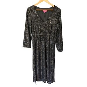 NWOT Betsey Johnson Womens Midi Dress Black Sequin V Neck Long‎ Sleeve Party M